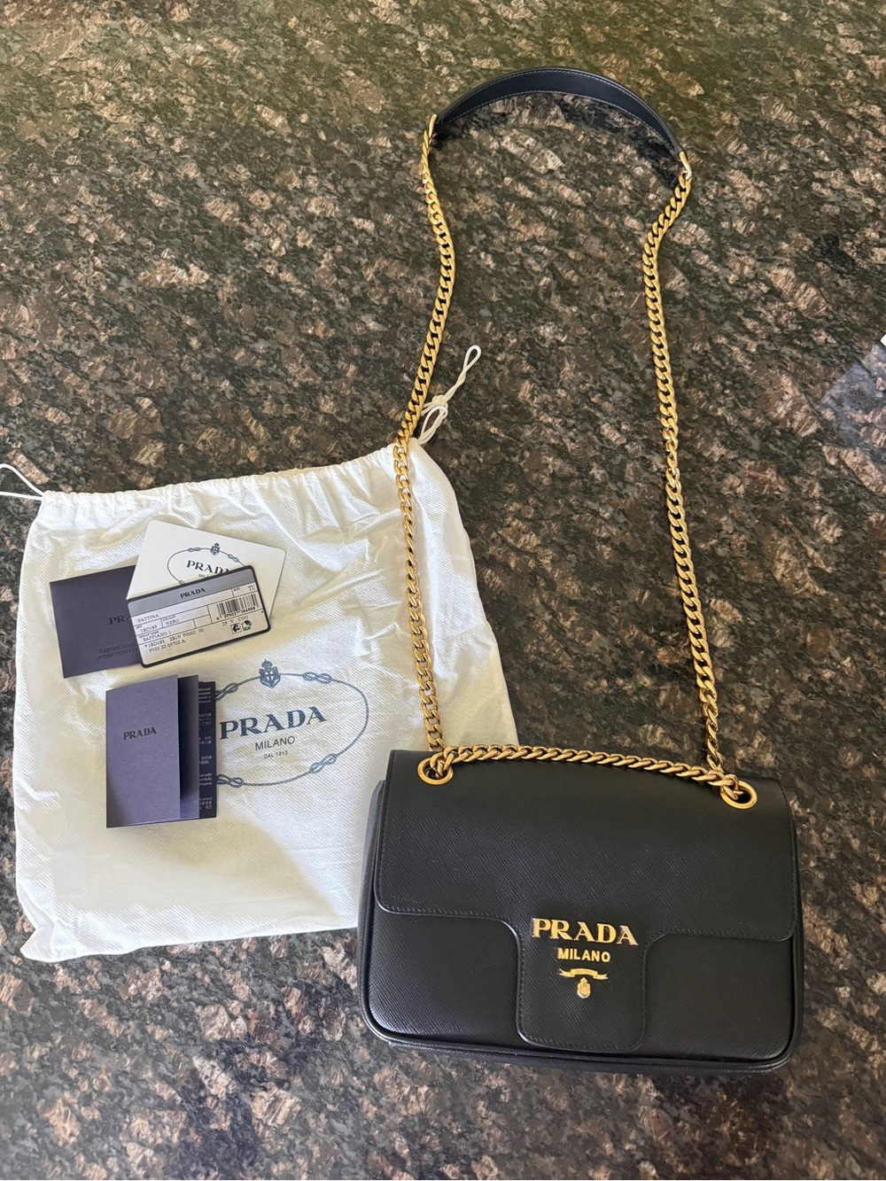Prada Black Saffiano Shoulder Bag with Gold Chain Strap